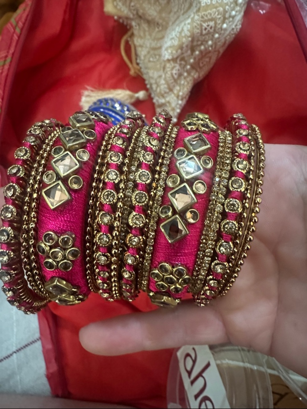 Hot pink bangle set for Indian wedding, sangeet bracelet gold